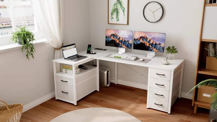 Bureau D'angle Coleshome 140x70 Cm Avec Tiroirs Tissu - Réversible, Prises USB Et Secteur Intégrées, Marron