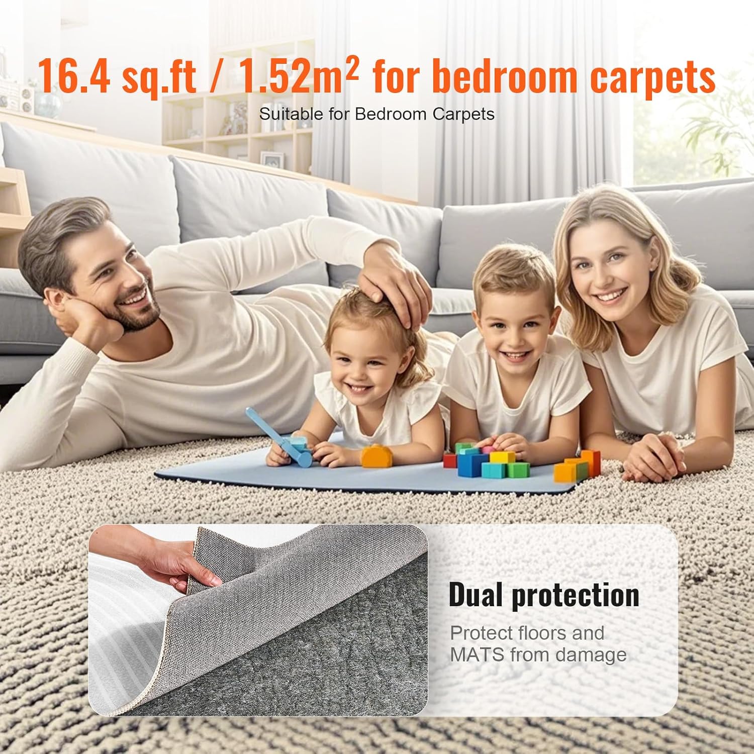 VEVOR 5' x 8' Non-Slip Rug Pad Gripper - 1/4" Thick Polyester Felt & Latex Backing Padding Cushion for Area Carpet Runner Hardwood Floors Living Room - Grey