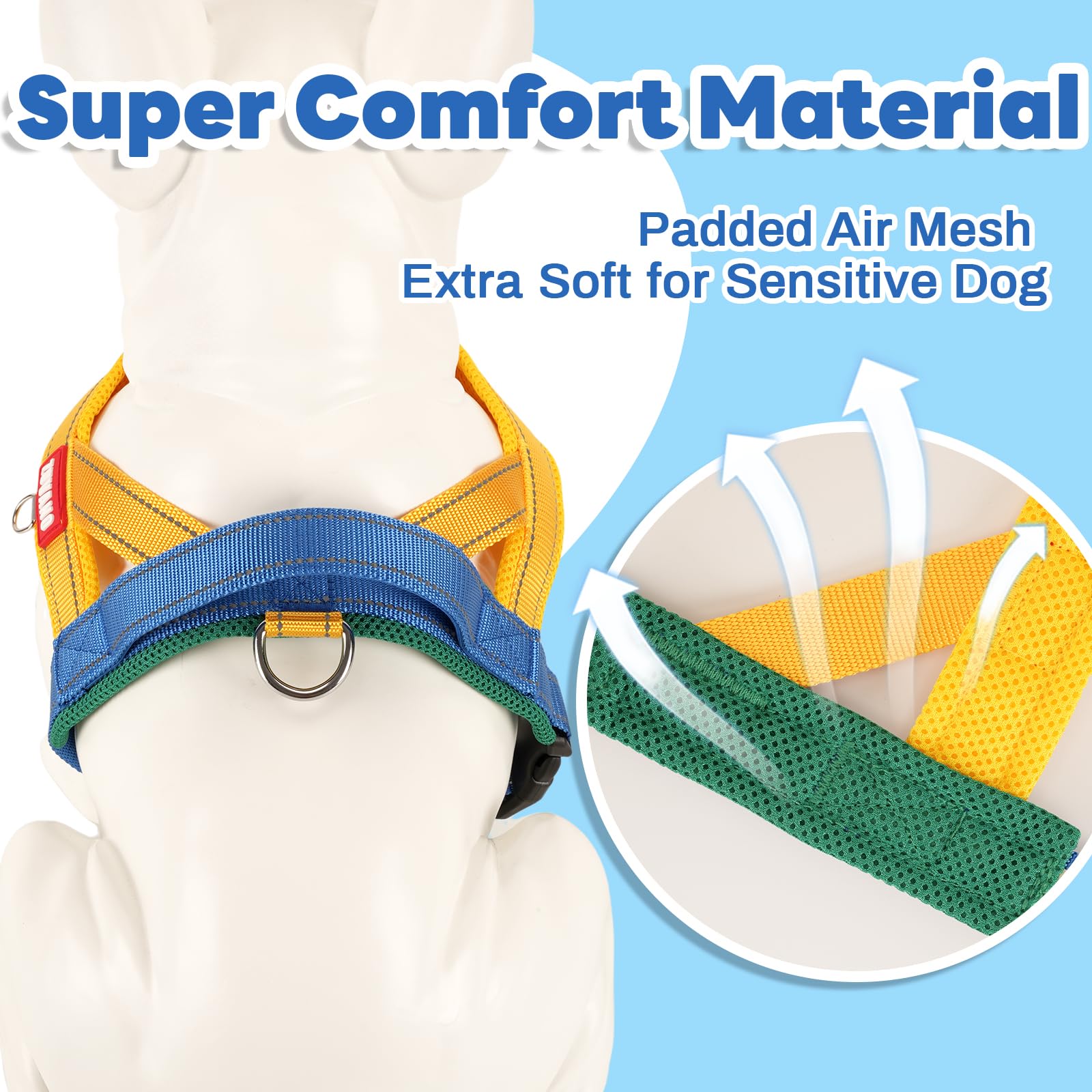 Yellow Soft Dog Harness Medium Sized Dog, Freedom No-Pull Escape Proof Front Clip Dog Harness – Adjustable Reflective Padded Vest with Handle & Quick-Release Buckle, Yellow/Blue, M - image 4