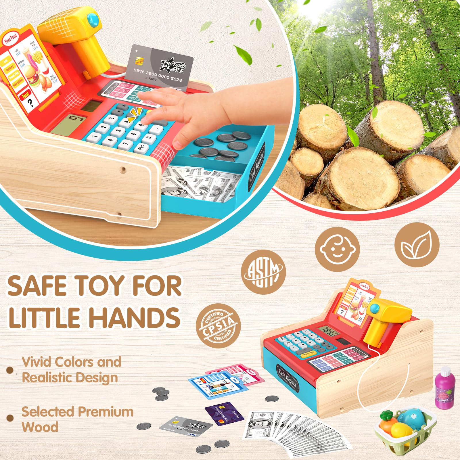 2025 Registratore di Cassa Giocattolo in Legno con Calcolatrice Scanner Giochi per Bambini 3+ Anni, Giocattoli per Negozi di Giochi Finti Regali Educativi per Ragazze Ragazzi 3 4 5 6 7 Anni, Rosso&Blu