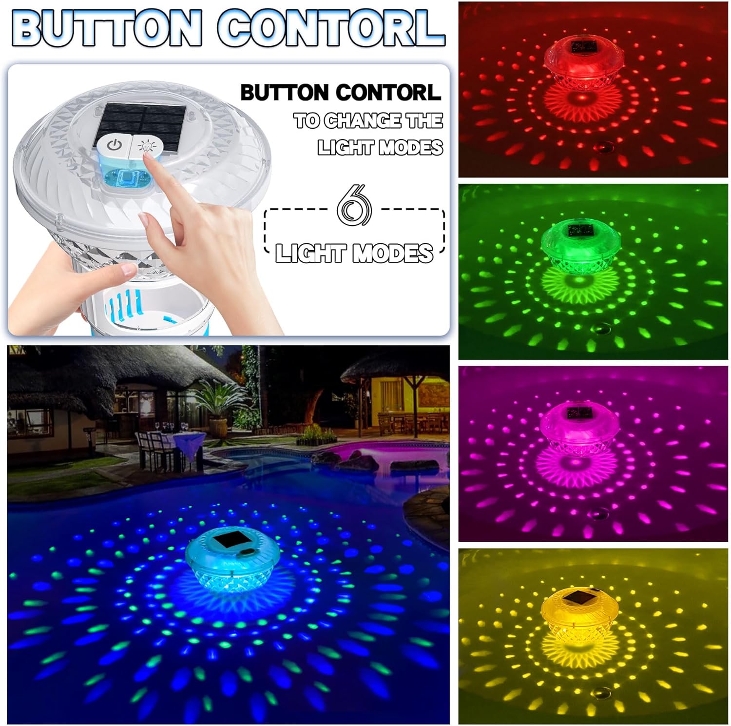 FineBud2025 Upgrade Solar Chlorine Floater,Pool Chlorine Floater with Colorful Light,Button Control Floating Chlorines Dispenser for Pool,Adjustable Flow chlorines floaters,Hot Tub chlorines floaters