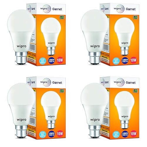 Wipro Garnet 10W LED Bulb for Home & Office |Cool Day White (6500K) | B22 Base|220 degree Light coverage |4Kv Surge Protection |400V High Voltage Protection |Energy Efficient | Pack of 4 Wipro Garnet 10W LED Bulb for Home & Office |Cool Day White (6500K) | B22 Base|220 degree Light coverage |4Kv Surge Protection |400V High Voltage Protection |Energy Efficient | Pack of 4