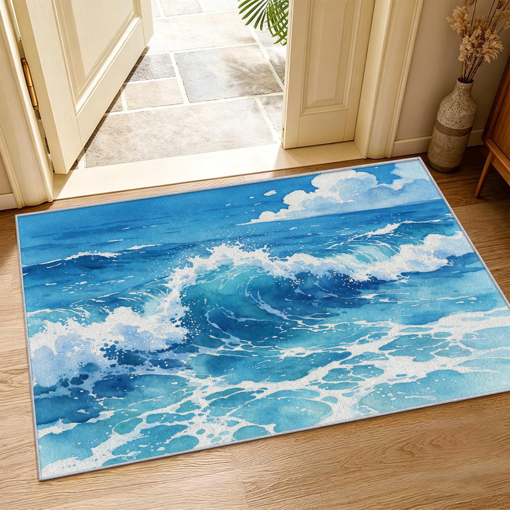 Tapis Carré Océan Bleu 200x200cm Salon Chambre Tapis Mer Antidérapant Lavable Doux Poils Courts Decoration 3D Vagues Paillasson Interieur pour Salle à Manger Cuisine a/2087