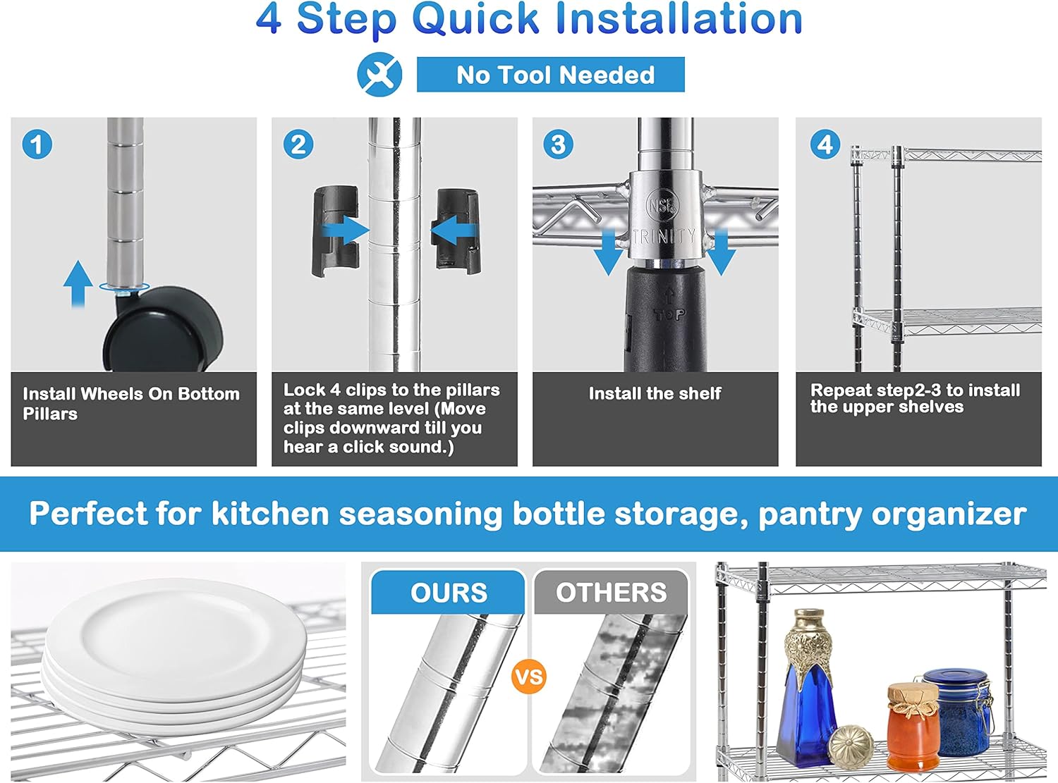 5 Tier Storage Shelves, Garage Shelving with Wheels and Adjustable Feet, Height Adjustable Metal Shelving, Wire shelving for Storage Pantry Shelf, Garage or Bakers Rack Kitchen, 30"Lx14"Wx60"H,Chrome