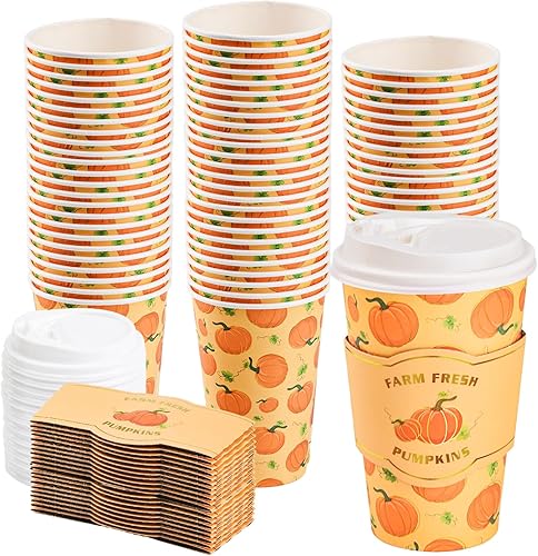 Miniatura 1 de Paquete de 48 tazas de café desechables de otoño de 16 onzas con tapas y fundas de calabaza de otoño para llevar, tazas de café de papel, tazas para