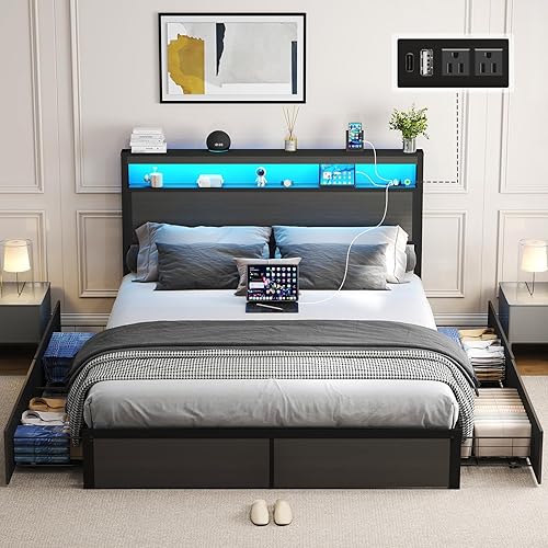 Miniatura 12 de SADENICEL Base de cama de tamaño matrimonial con almacenamiento, plataforma de cama de madera LED con cabecero, 2 cajones, estación de carga, no