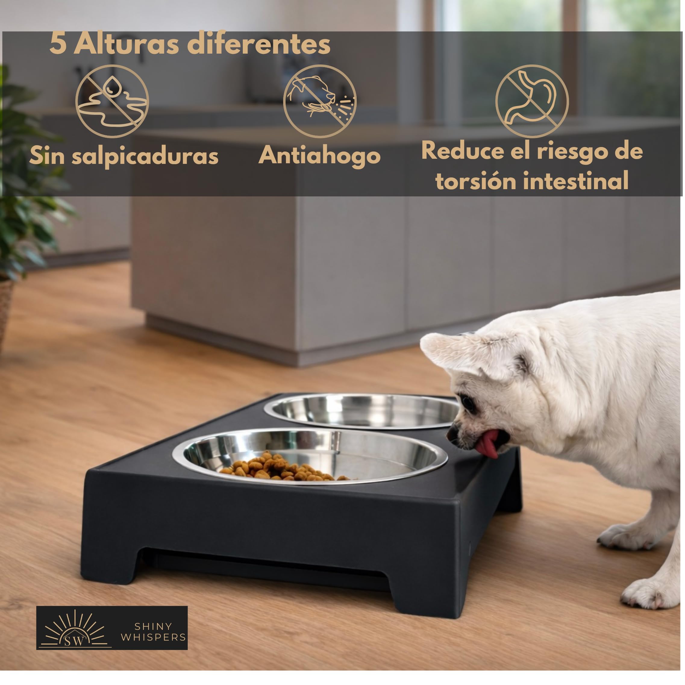 Shiny Whispers Comedero Perro Elevado de 5 Alturas Ajustables, 2 X 1200ml. Bebedero Antigoteo de Acero Inoxidable, 2 Cuencos Elevados para Perros Pequeños, Medianos y Grandes, Gris