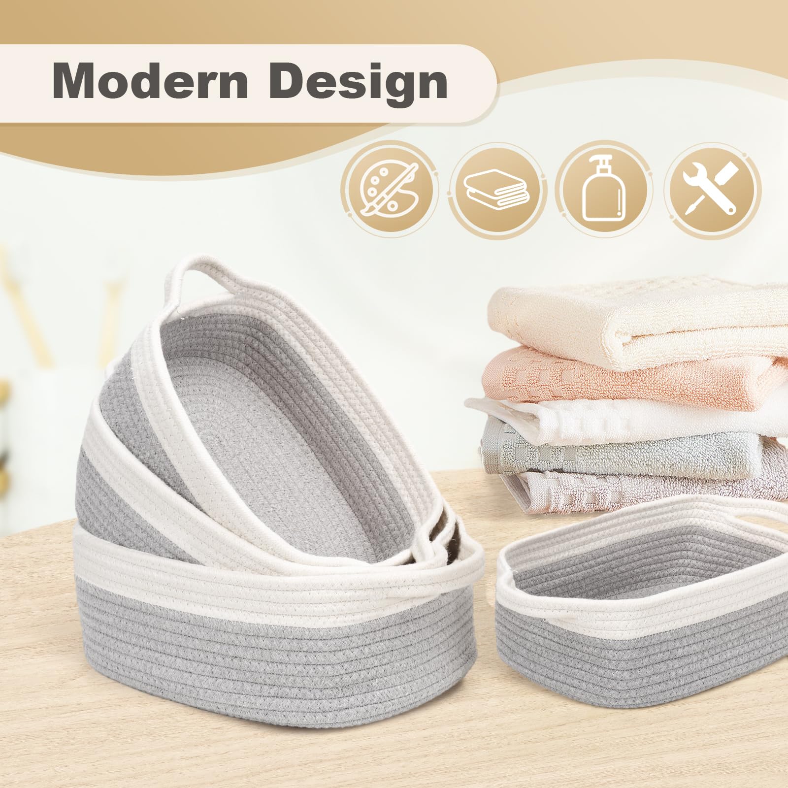 Cinnani Set di 5 Cestini Portaoggetti Intrecciato in Corda di Cotone, Impilabile Organizer Fasciatoio, Decorazione Cesto Portaoggetti per Bagno, Armadio, Camera da Letto, Soggiorno (Bianco/Grigio)