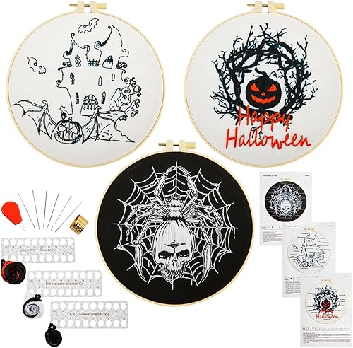 Kit de bordado de Halloween para principiantes y adultos, kit de punto de cruz estampado para adultos principiantes, kit de bordado a mano con