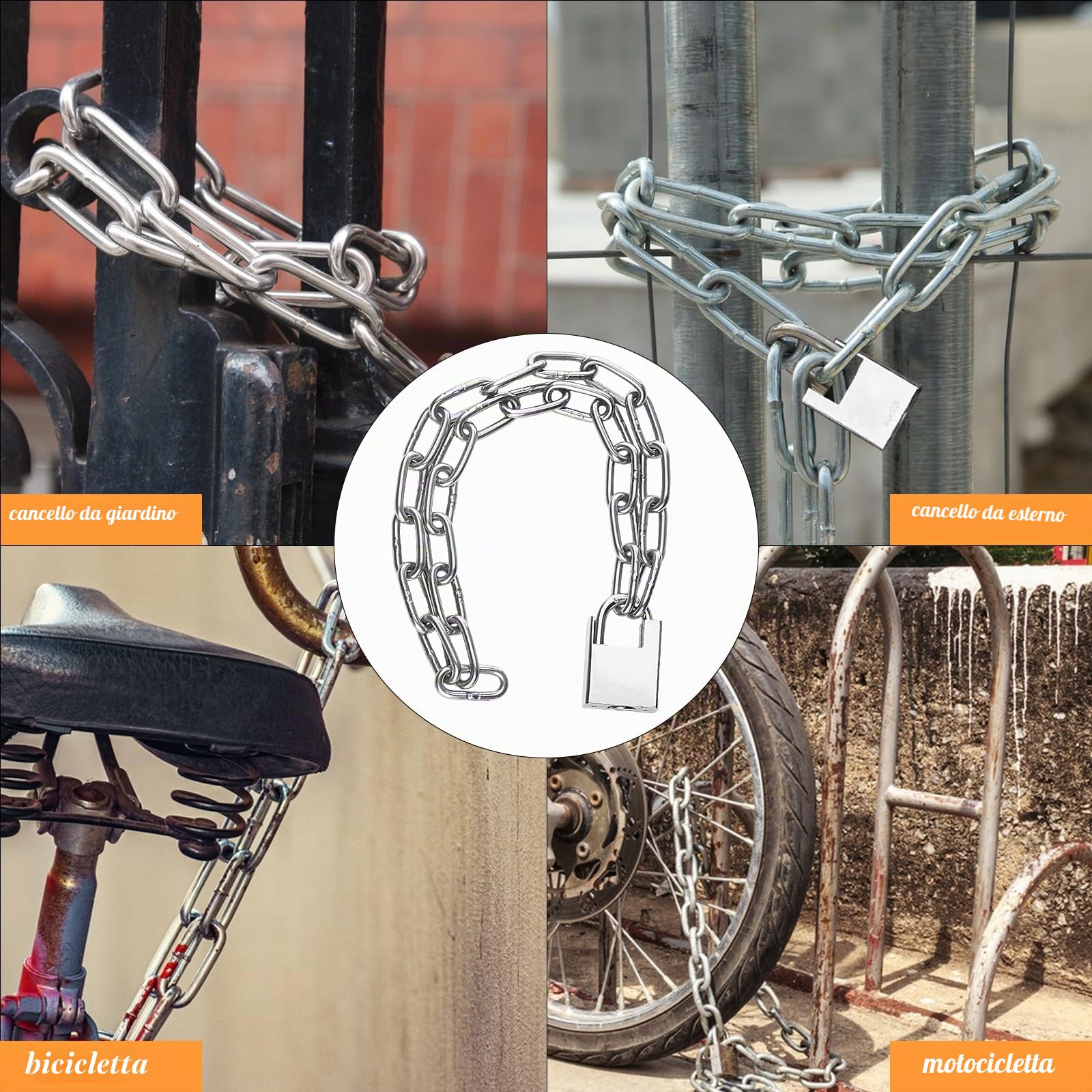 lucchetti per bicicletta, 80 cm, catena di sicurezza, lucchetto per moto, catena in acciaio inox con lucchetto e chiave per garage, porte, recinzioni, scooter, antifurto (100cm)