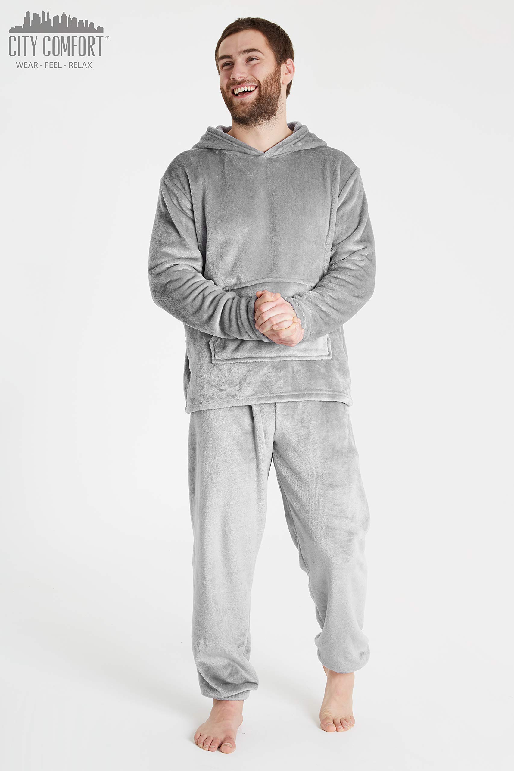 CityComfort Pyjama Homme, Ensemble De Pyjamas en Polaire Douce avec Pantalon Taille Élastique Et Pull à Capuche en Pilou Chaud, Idée Cadeau Ado ou Adulte