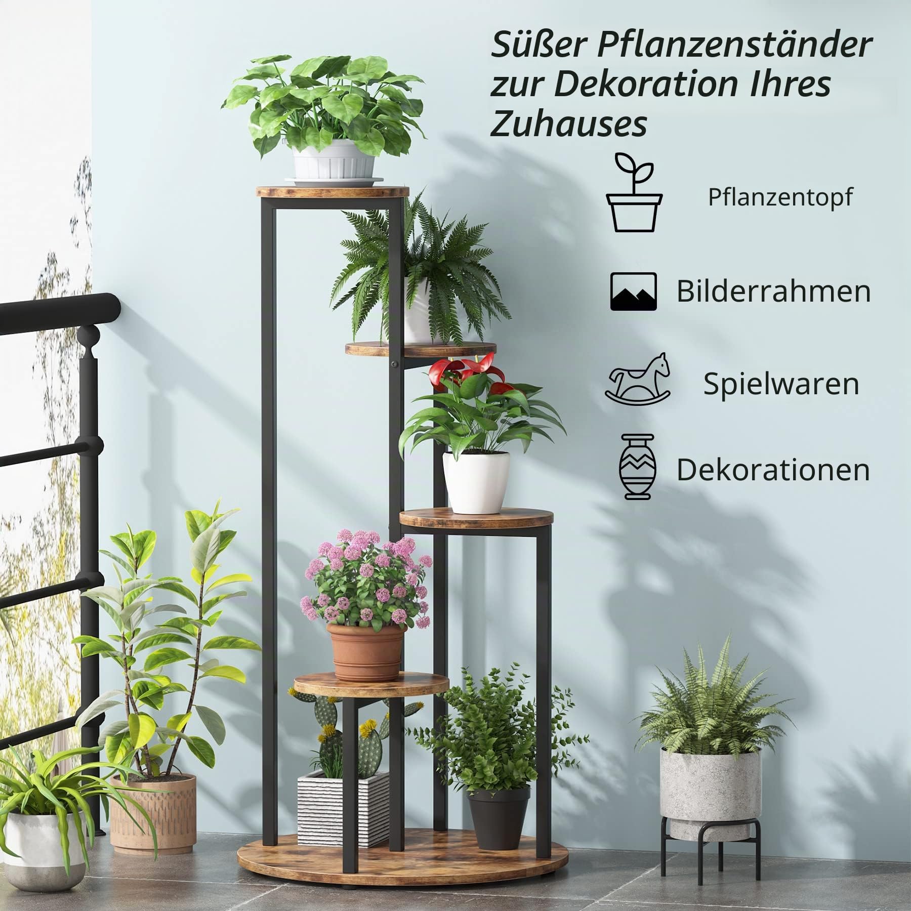 Tribesigns Pflanzenständer für den Innenbereich, 5 Etagen, 103 cm, Holz-Pflanzenregalhalter für mehrere Topfpflanzen, Eck-Blumentopfständer mit Metallrahmen für Balkon, Garten, Terrasse