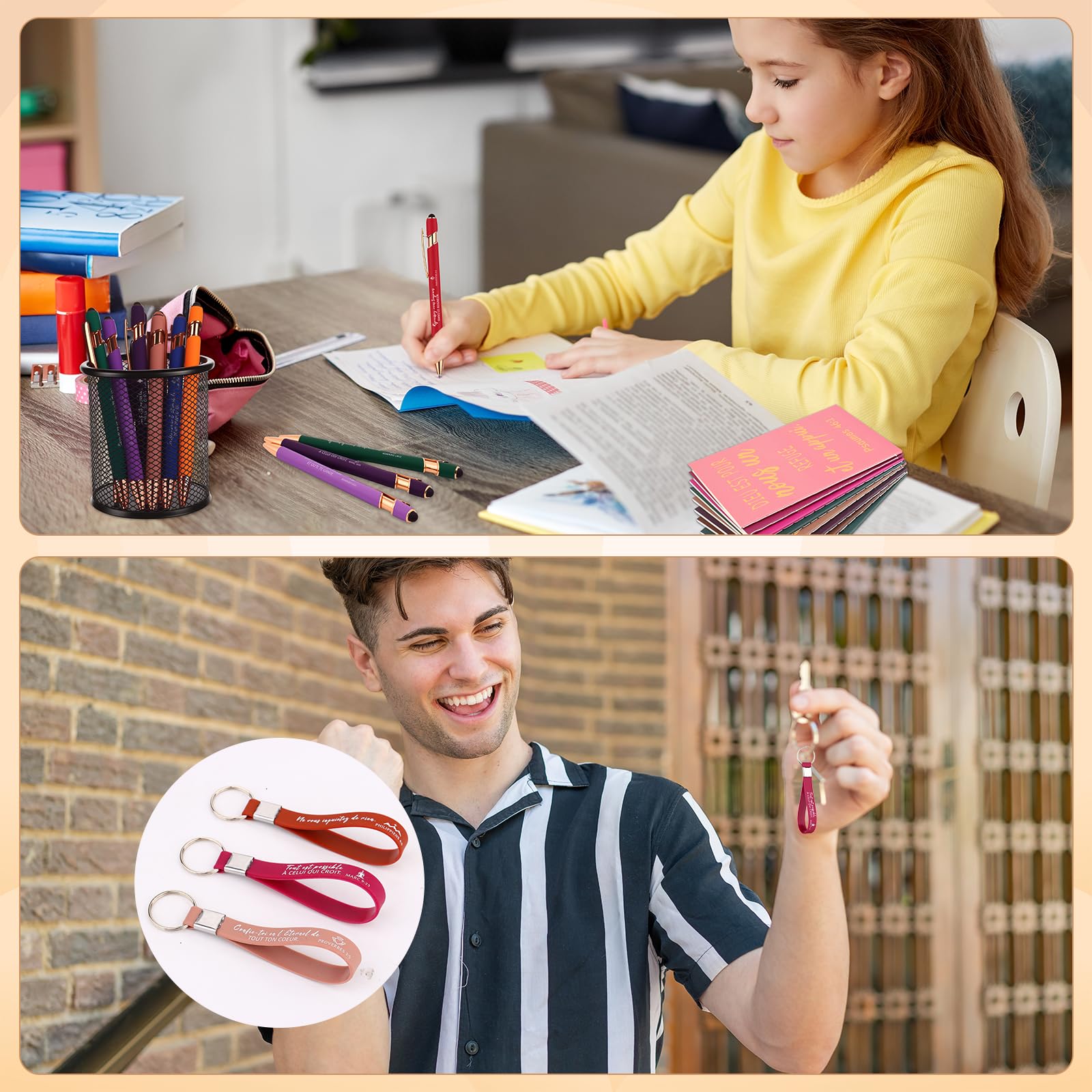 Lot de 16 carnets et stylos chrétiens avec versets bibliques, porte-clés en silicone, petits carnets de poche chrétiens, cadeaux inspirants religieux pour hommes et femmes, fournitures scolaires