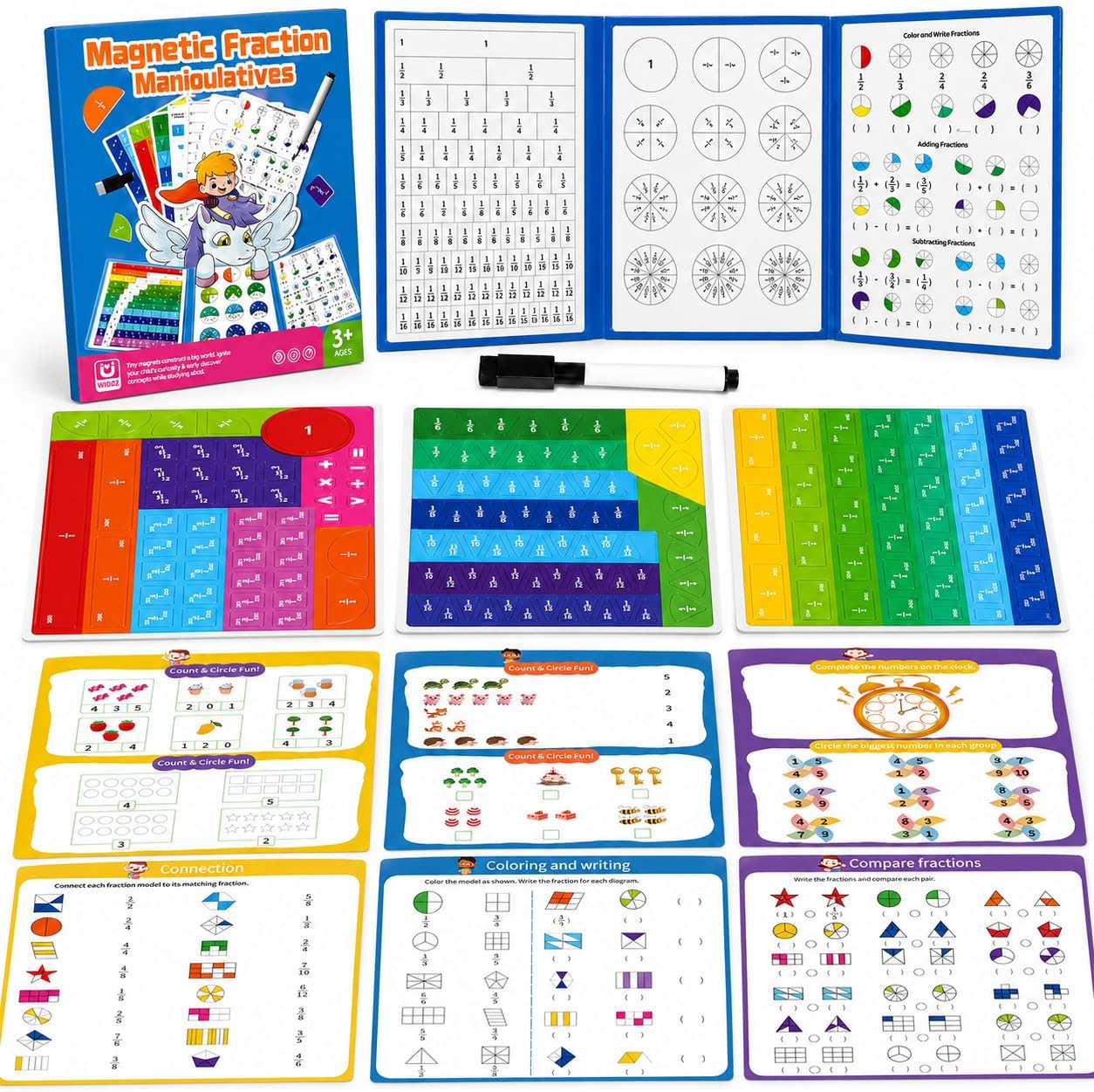 Magnetic Fraction Tiles & Circles Math Manipulatives for Kids, 96Pcs Visual Fraction Book Learning Games, Hands-On Montessori Math Toys for 3rd 4th 5th Grade, Homeschool Classroom Teaching Supplies