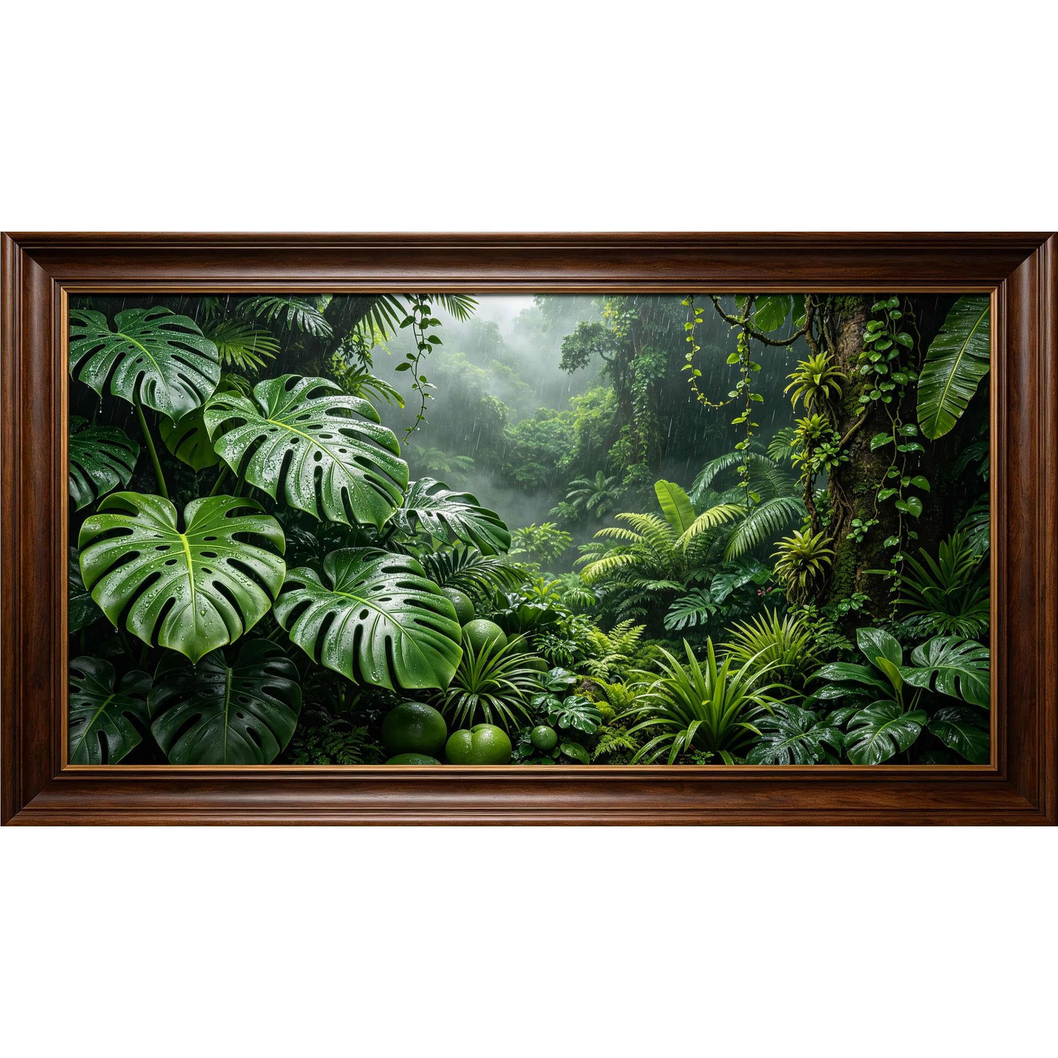 QZLITHOTIC 50x90cm3D Framed Wall Art， Tropical Rainforest Botanical Jungle Green Leaves Self‑Adhesive Mural， Water‑Activated Peel & Stick Fabric Decor Wall Decal for Bedroom Living Room