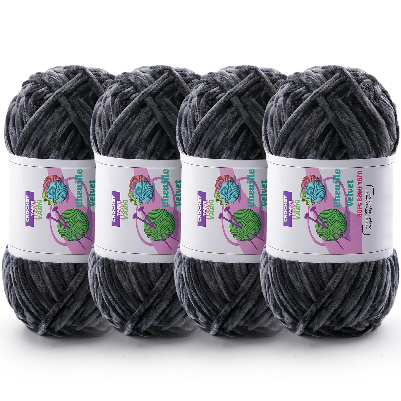 Chenille Velvet Yarn for Crocheting, Gray Fuzzy Fluffy Yarn for Crochet