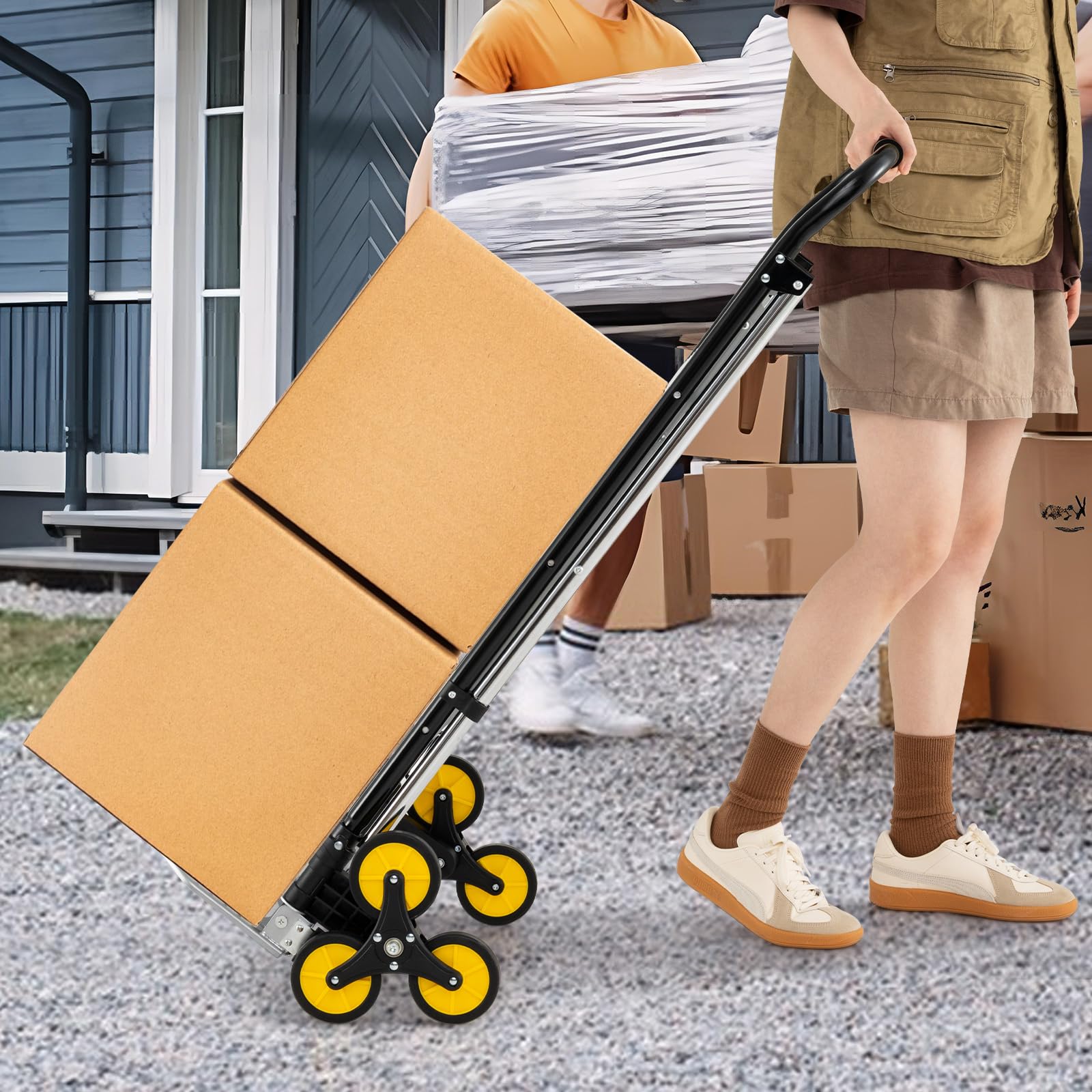 COSTWAY Wózek transportowy 2 w 1 z drabinką, składany wózek transportowy z gumowymi kółkami, maks. 100 kg, 3-stopniowa drabina maks. 250 kg, aluminiowy wózek składany do domu, magazynu, biura