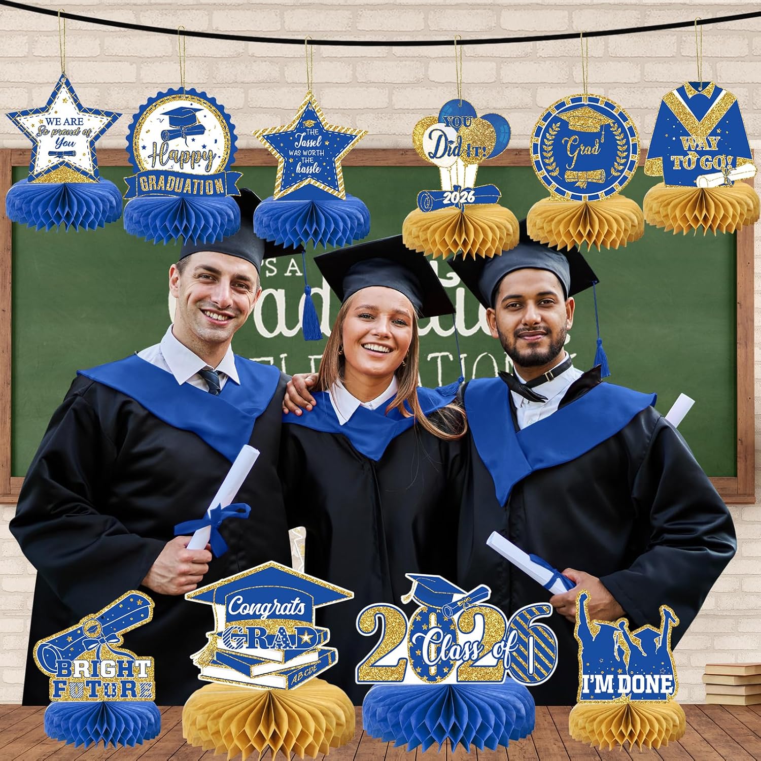 10PCS Graduation Party Decorations Class of 2026 Congrats Grad Table Centerpieces Congratulate Graduation Honeycomb Table Toppers for Graduation Party Supplies(Blue Gold)