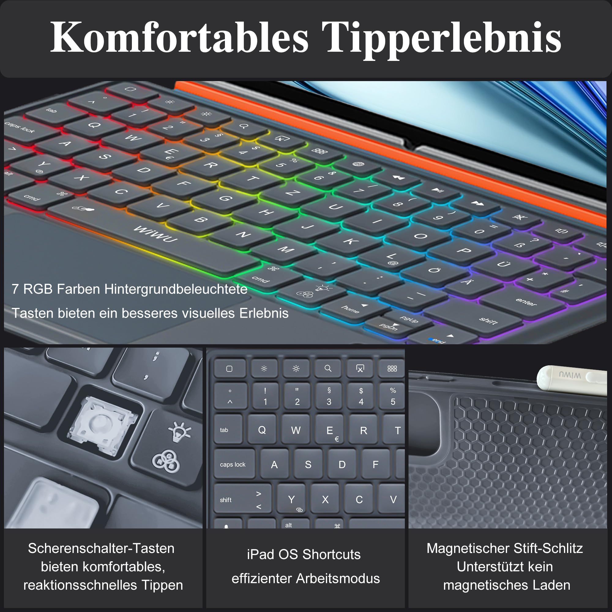 WIWU iPad Hülle mit Tastatur für Air 11" M4/M3/M2 2026/2025/2024 A16/10 Gen Magnetische Abnehmbare Tastatur Ständer Beleuchtete Tasten Touchpad (Grau, for iPad 11/10/Air 5/4/11"(M2/M3) Pro 11"4/3/2/1)