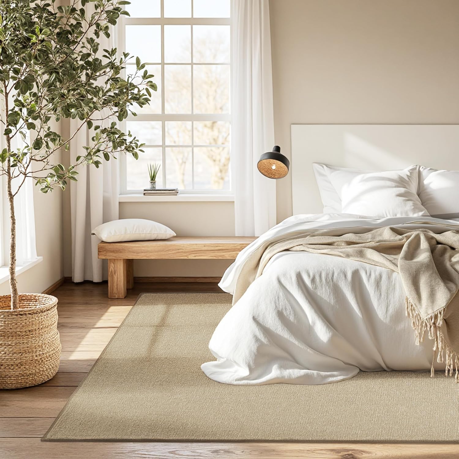 NICETOWN Sheer Curtains (Set of 2) & 5'x7' Faux Jute Non - Slip Rug