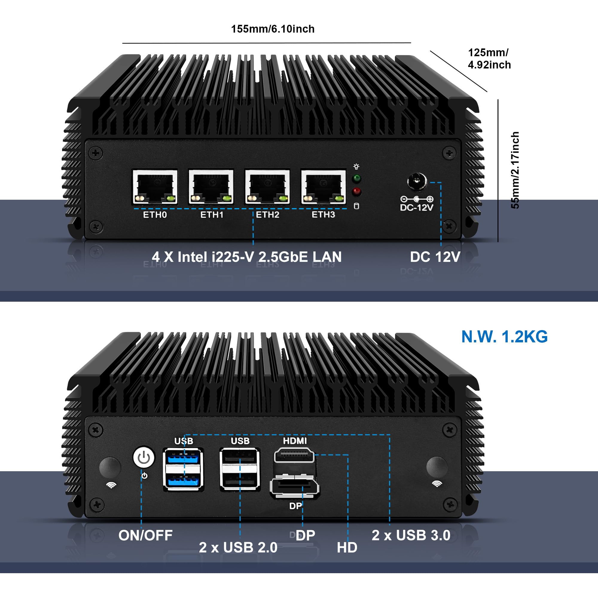 CWWK Mini PC Firewall, Celeron N5105, 4 x 2.5GbE LAN, Fanless Mini Computer, OPNsense Micro Appliance Hardware, Barebone NO RAM or SSD, M.2, 4USB, SATA, SIM, HD, DP, AES-NI