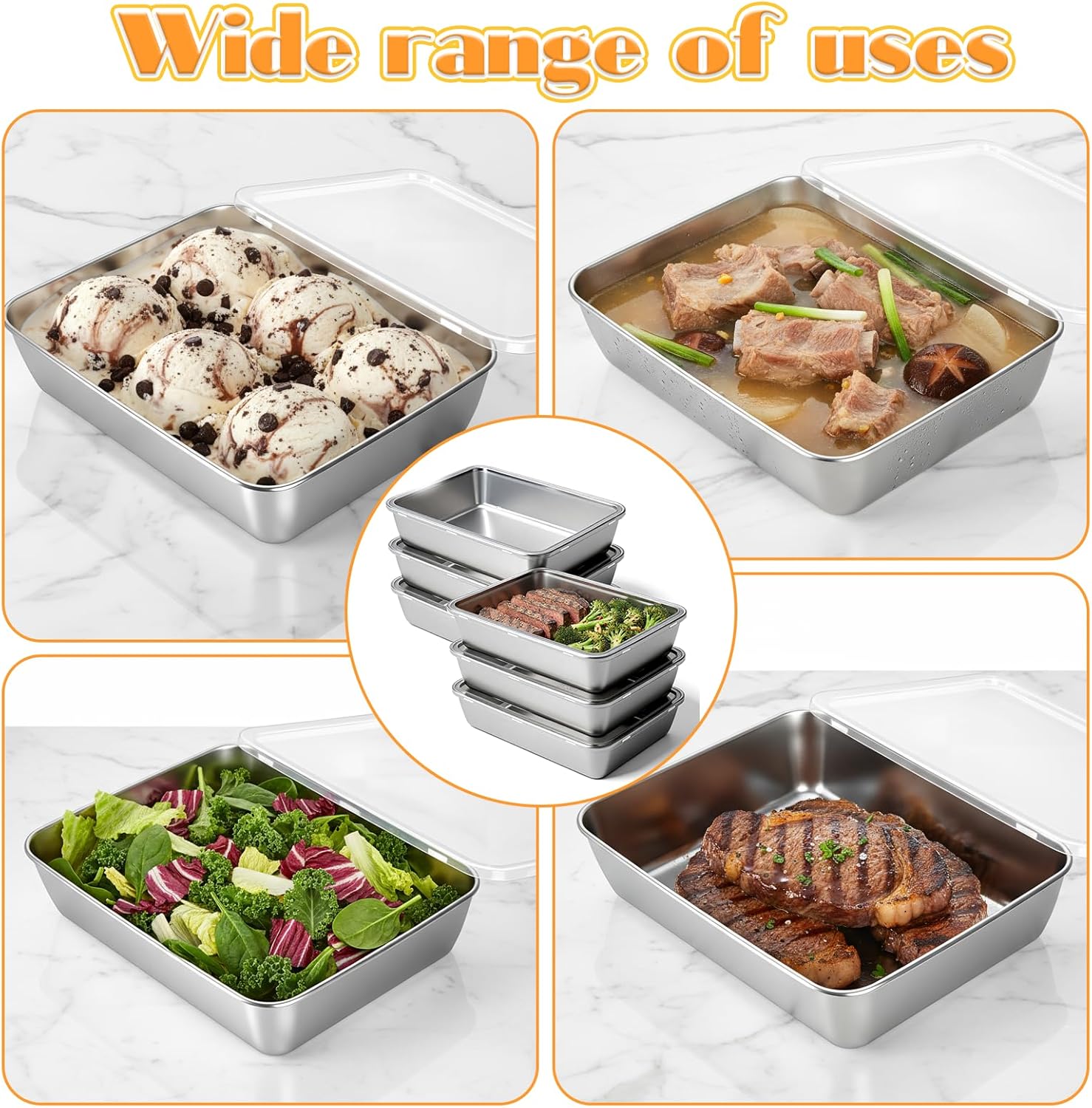 6 Pcs Stainless Steel Food Containers with Clear Lids, Fresh- Keeping Container, Deli Meat Keeper for Refrigerator, Stackable Snack Storage Boxes for Picnic BBQ Party Travel, Freezer & Dishwasher Safe - Image 4