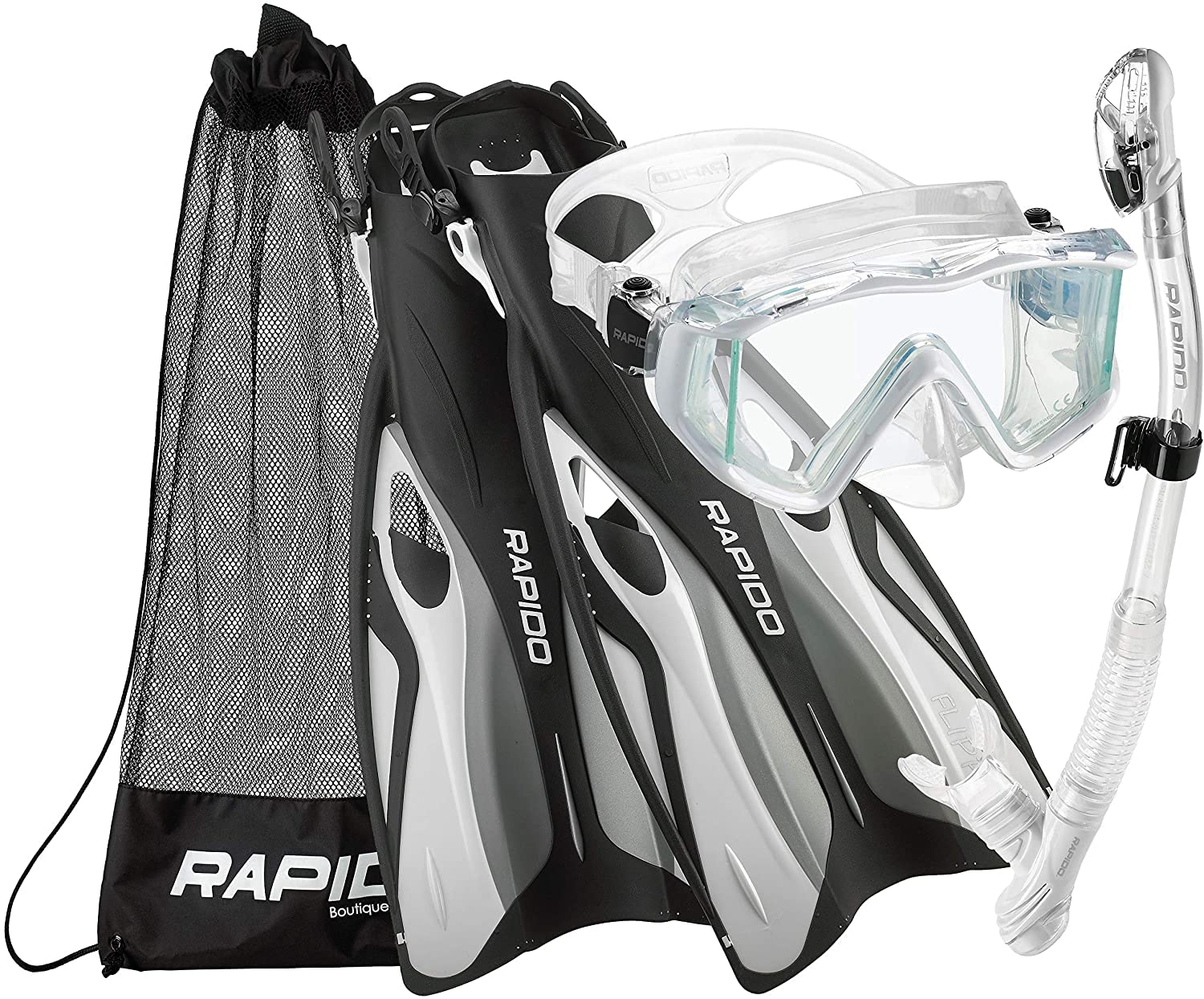 Photo 1 of Phantom Aquatics Rapido Boutique Collection Clareza Three Window Tempered Glass Lens Mask Fin Snorkel Set with Snorkeling Gear Carry Bag, WHT - SM, S/M, US: 6-9 / EU: 38-42, (RPDCMFS-WHT-SM_RR)