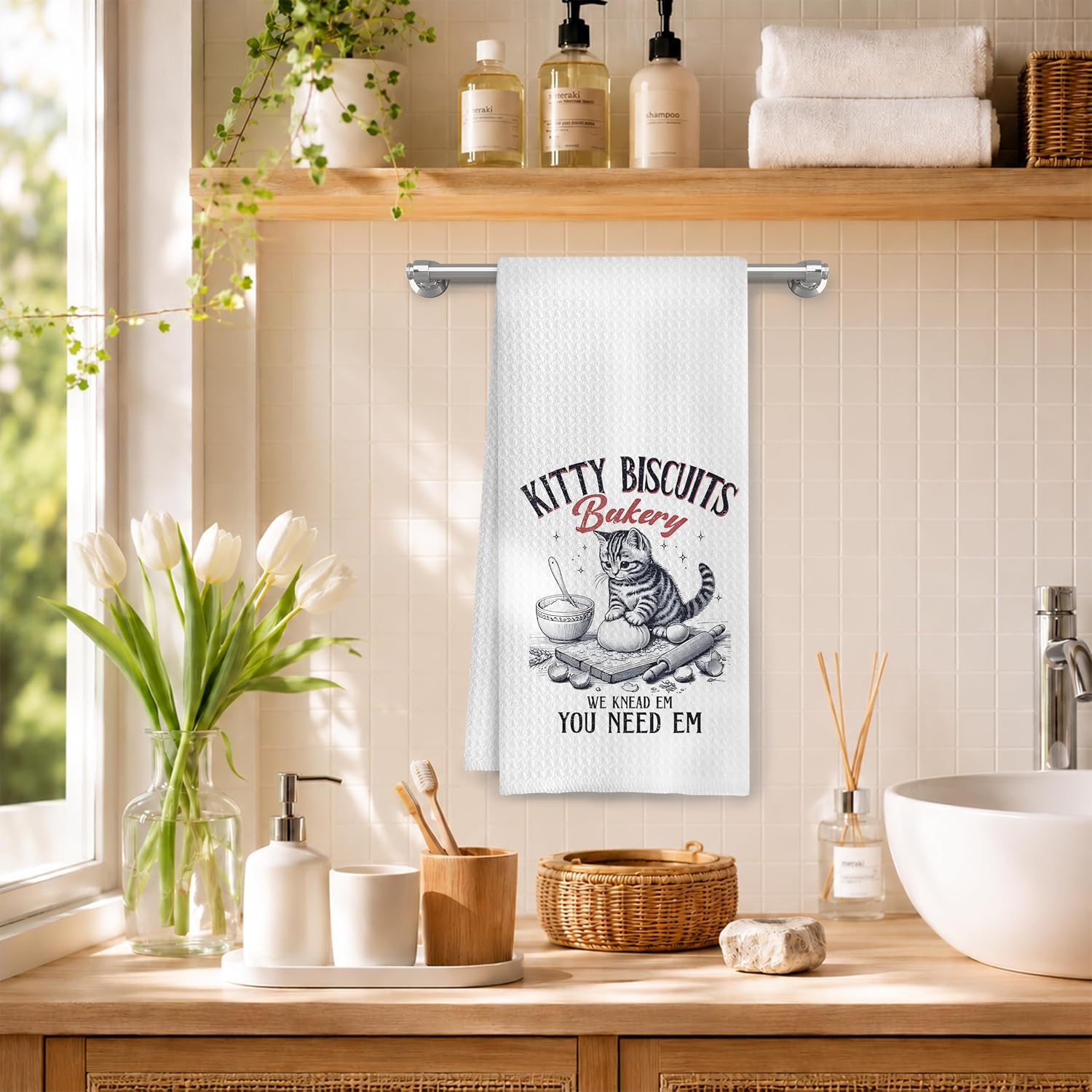 Retro Funny Cat Baking Kitchen Towels, Gifts for Baking Lovers Dish Tea Towels, Cat Lover Lady Mom Gifts, Kitty Biscuits Bakery Decorative Hand Towel for Kitchen, 16x24 Inch image 3