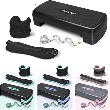 SAKAE Exercise Step Platform Set with Ankle Weights & Measuring Tape, Adjustable Height 2 Level Risers Workout Step Trainer, Aerobic Steppers for Home Gym Exercise Fitness Workout, Multiple Colors