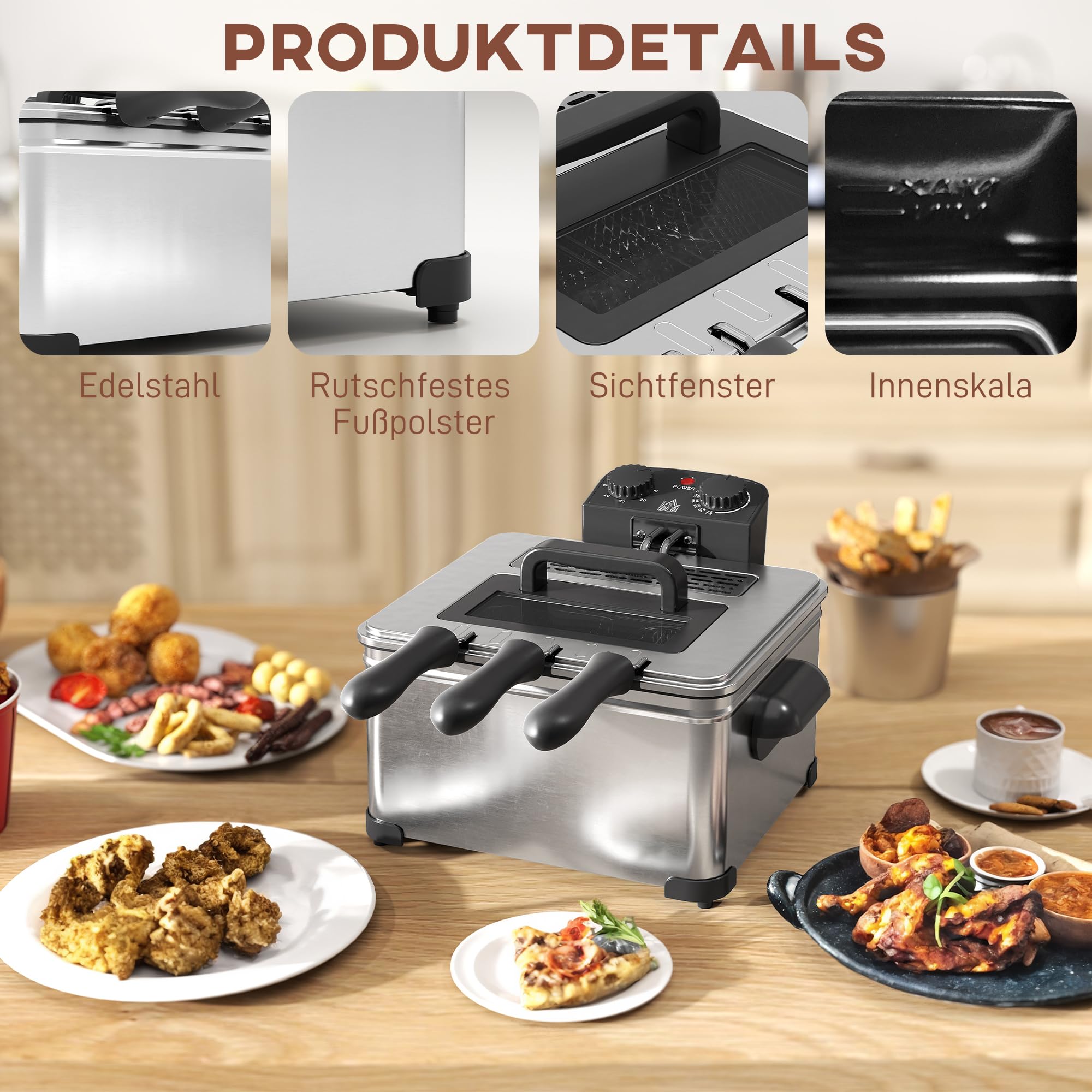 HOMCOM Friteuse 5 litres Électrique Température/Minuterie Réglables 2000 W | Panier à Huile Amovible, Fenêtre de Visualisation, pour Frites et Poulet Frit, Acier Inoxydable