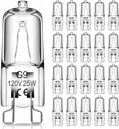 DORESshop Bombilla halógena G9, paquete de 20 bombillas pequeñas tipo JC de 2 pines de 120 V T4 Bi-Pin 25 W G9 regulable de larga vida útil, 3000 K