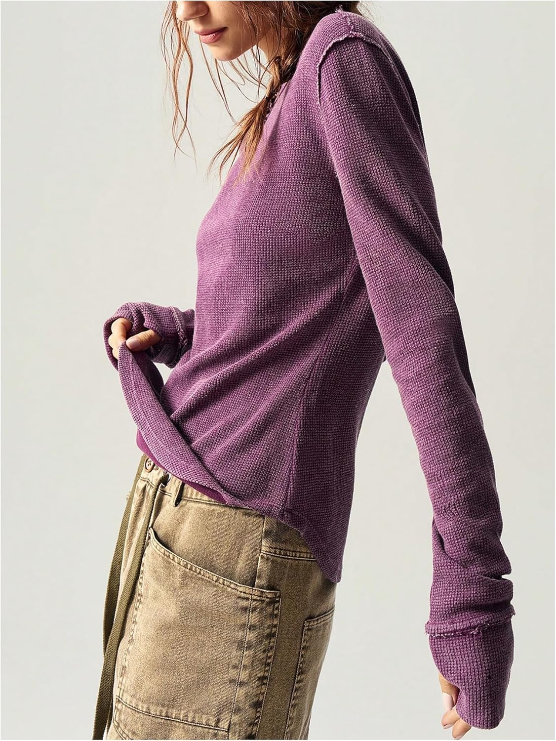 Women's Waffle Knit Long Sleeve T Shirts Crew Neck Fitted Tops Fall Clothes - Image 2