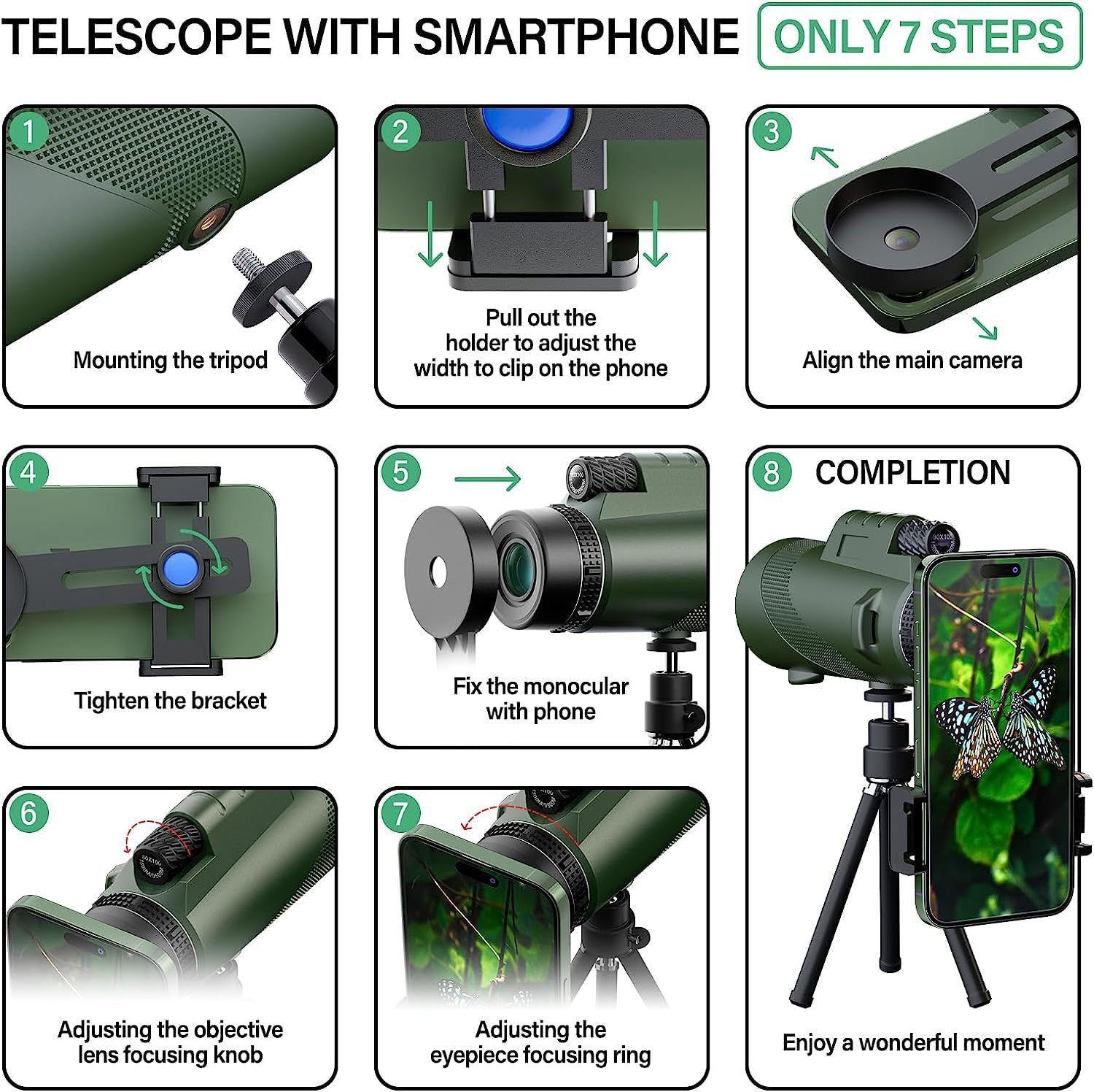 monoculaire 12x50, Télescope Monoculaire, avec Prisme BAK4 et FMC, avec Support pour Smartphone et Trépied de Mise à Niveau, pour la Camping, Chasse,compétitions Sportives