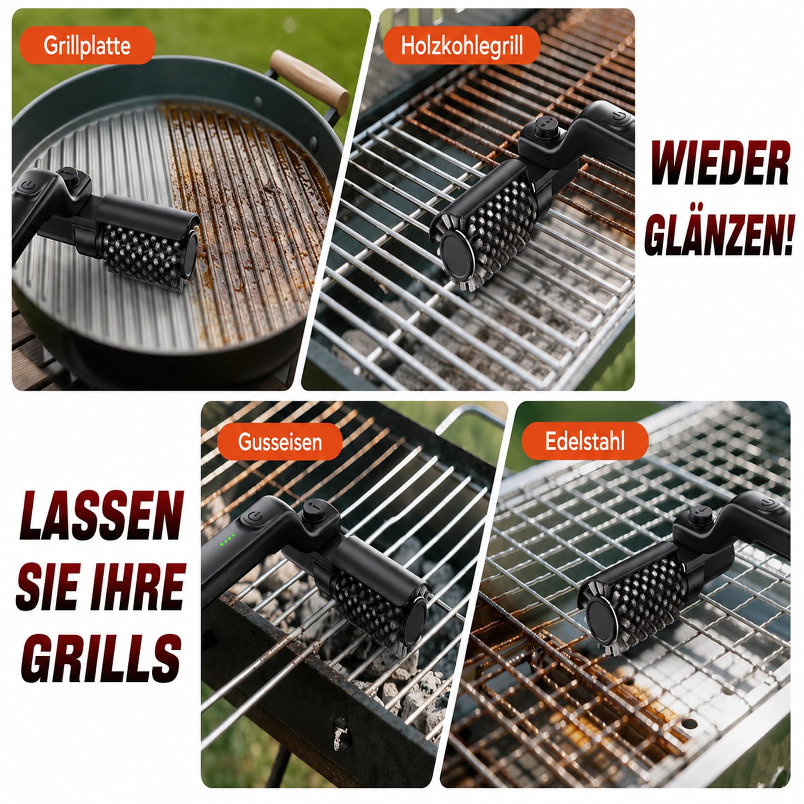 Vivalyo Grillmeister Pro, Grillmaster Pro Brush, Um 180° Verstellbar, 3 Reinigungsmodi, Austauschbare Edelstahl-Bürstenköpfe, Wasserdicht Nach Ipx7, USB-C-Anschluss