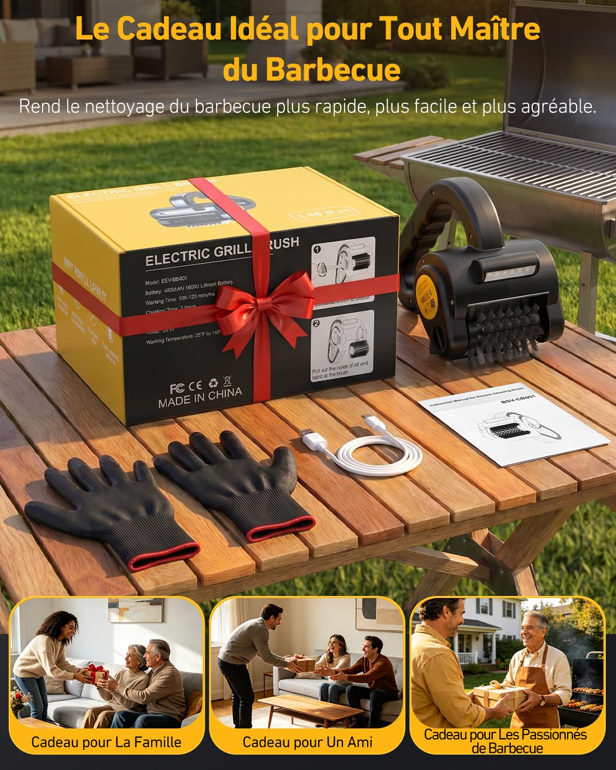 Brosse Barbecue Électrique, Brosse de Nettoyage Rechargeable avec Tête de Brosse en Acier Inoxydable, Lumière LED, Autonomie de 150 Min, Nettoyeur de BBQ Adapté aux grille à Charbon, Porcelaine, Fonte