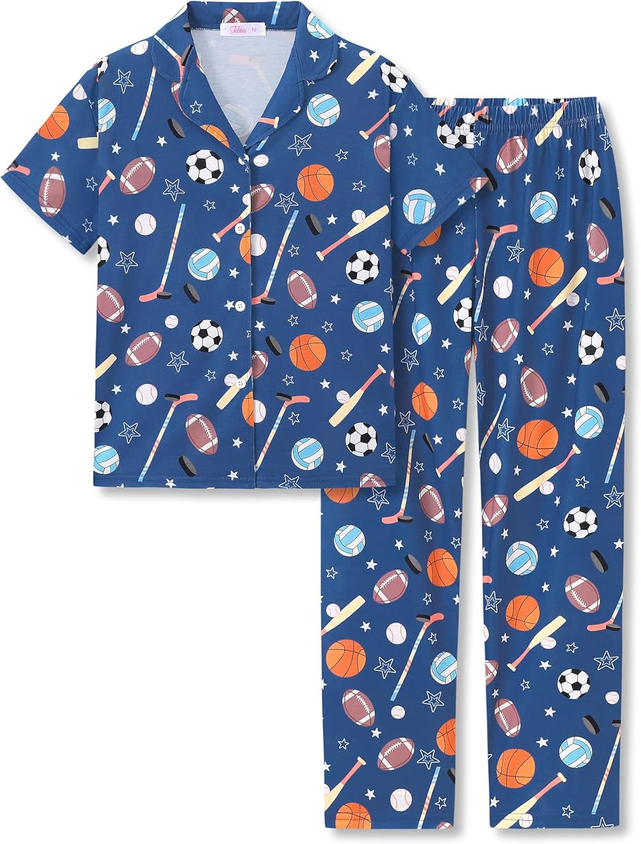 Boys Pajamas Novelty Prints Button-Up Short Sleeve Set Size 6-18