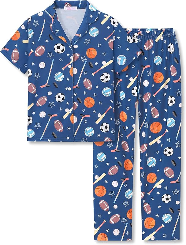Boys Pajamas Novelty Prints Button-Up Short Sleeve Set Size 6-18