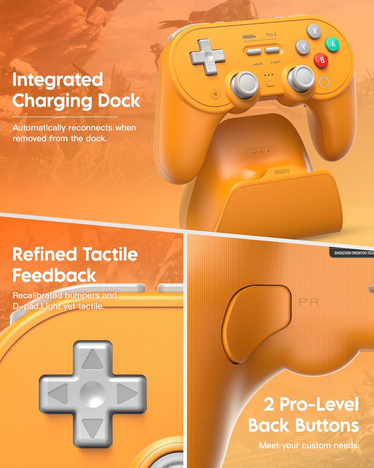 8Bitdo Pro 3 Bluetooth Controller for Switch/Switch 2 - TMR Joysticks, Swappable ABXY Buttons, Pro Back Buttons, Charging Dock, Hall Effect Triggers, Windows/Apple/Android（Yellow） - Image 5