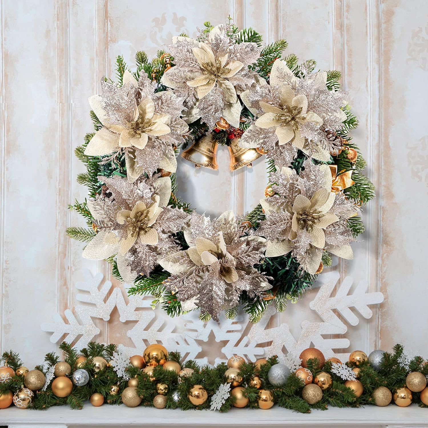 NUOBESTY Artificial Poinsettia Flowers, Christmas Glitter Flowers with Clips and Stems Xmas Tree Ornament Wreath for Christmas Hanging Decoration Party Supplies 12pcs