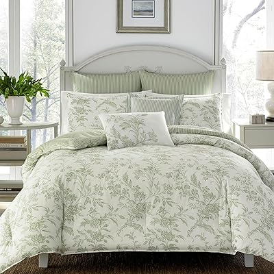 Laura Ashley - Queen Comforter Set, Reversible Cotton Bedding, Includes Matching Shams with Bonus Euro Shams & Throw Pillows (Natalie Sage/Off White, Queen)