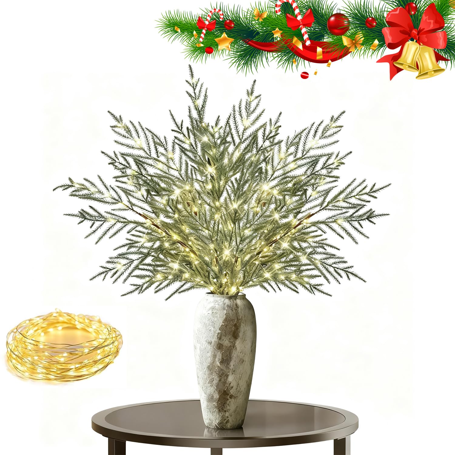Pre Lit Pine Stems That Twinkle,Pine Stem s And Light Up Branches,Lit Stems Battery,Christmas Artificial Pines Needles Branches Garland for DIY Wreaths, Vase Fillers, Indoor Outdoor Decor (8 pcs)