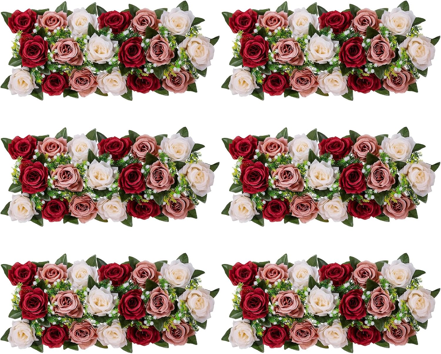 BLOSMON Artificial Flowers Wedding Centerpieces Decorations Fake Flowers 6 Pcs Burgundy Blush & White Silk Floral Arrangement Dinning Table Runner Center Piece, Rose Flower for Reception Table Decor Burgundy Blush & White 6