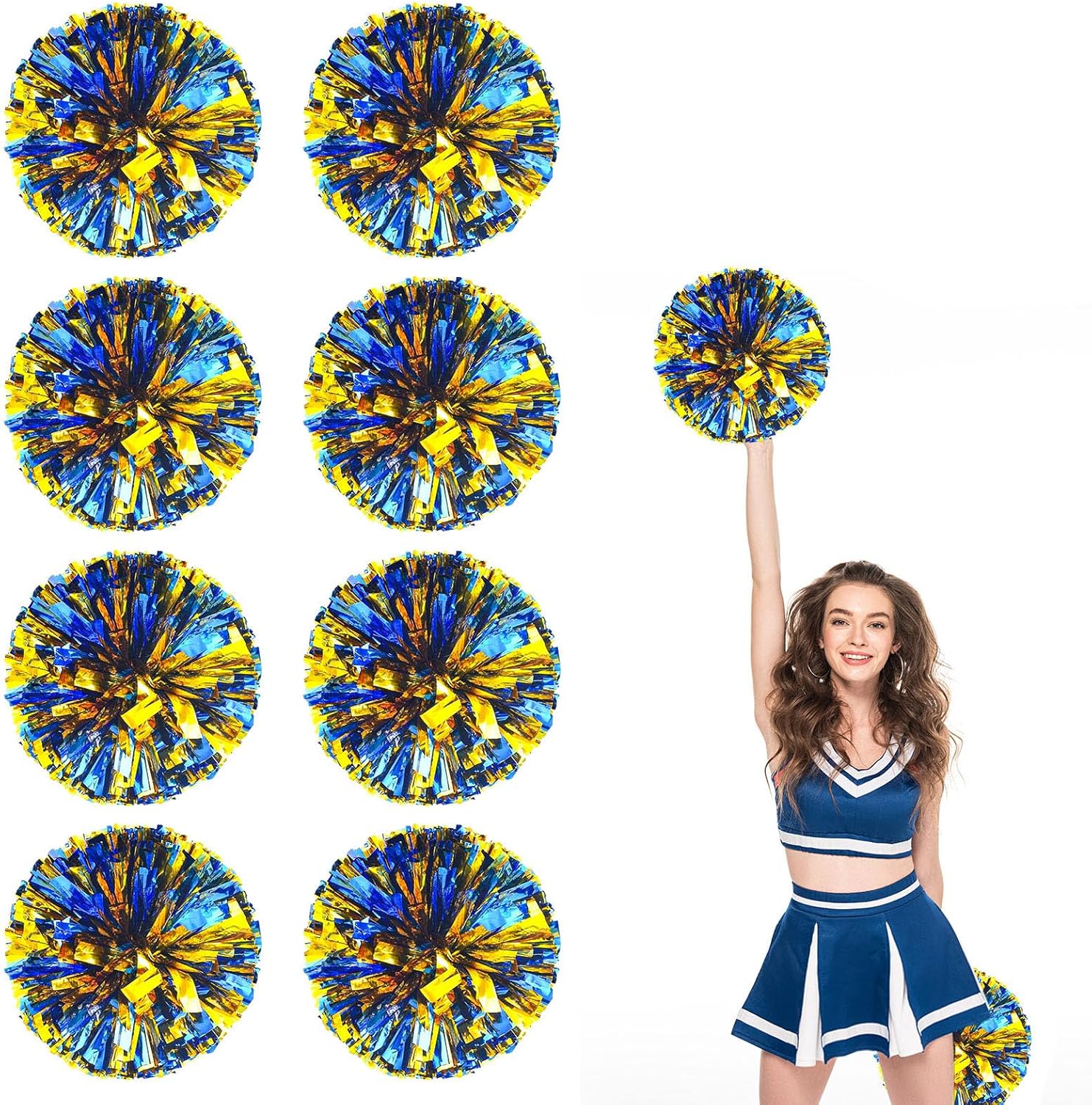 8 Pcs pom poms Cheer,pom poms Cheerleading with Finger Holes Metallic Foil Cheer Pom Pomsfor Dance, Matches (Black Red Silver) (Blue Gold)