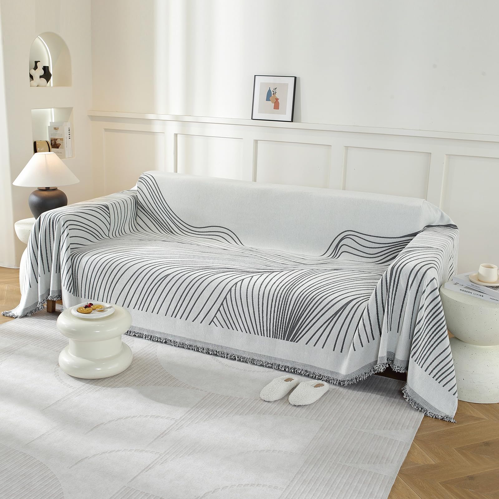 YSTELLAA Housse De Canapé 3 Places, 180×340CM, Protection Sofa, Jete De Canape Grande Taille Épaisses, Housse Universelle Four Seasons, Décoration Intérieure, pour Le Salon, Gris Foncé-Curve