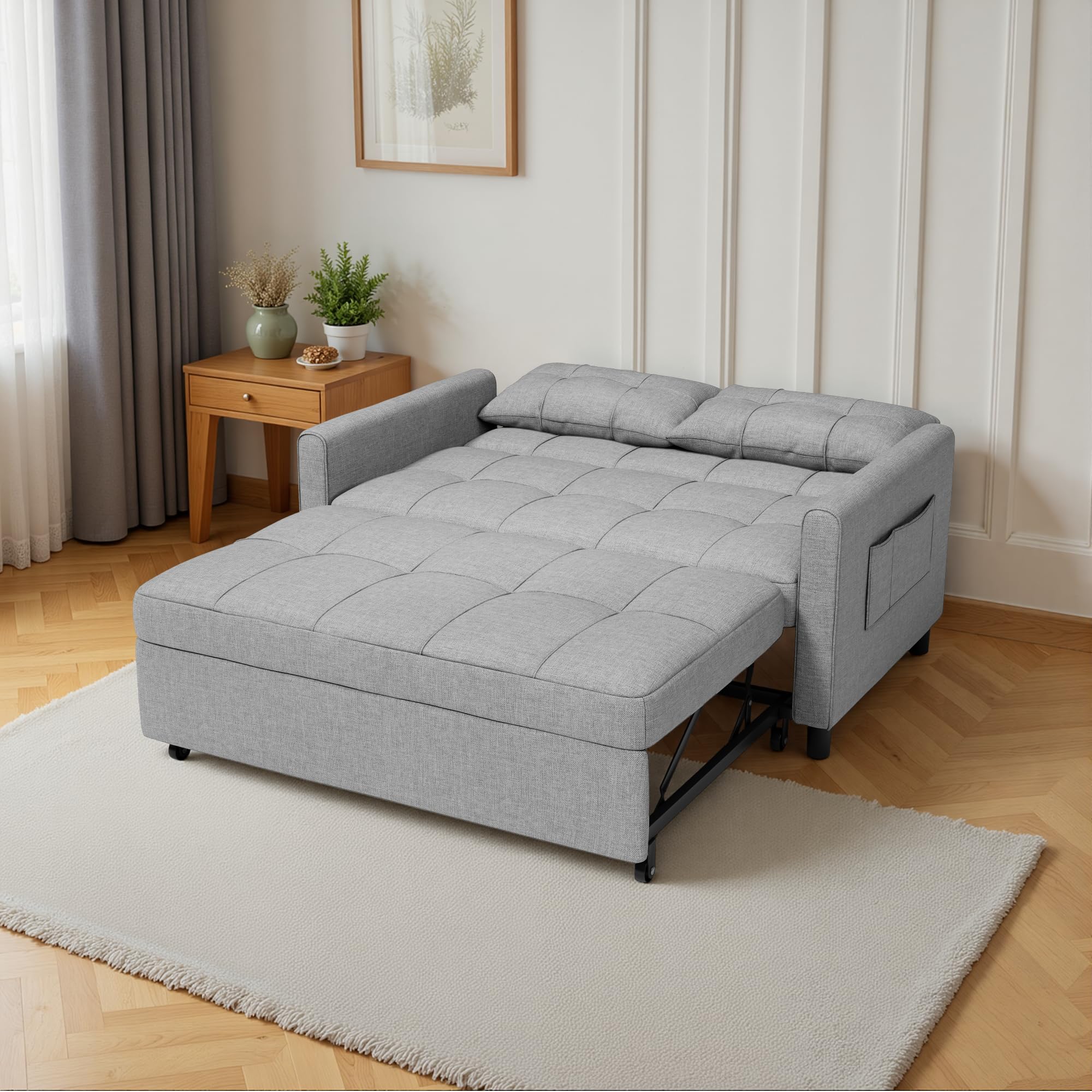 Divano Letto 2 Posti 3 in 1,Divano Matrimoniale Prontoletto Estraibile con 2 Guanciali e Tasche Laterali per Soggiorno, Camera da Letto o Ufficio,132X80X90cm,Grigio chiaro