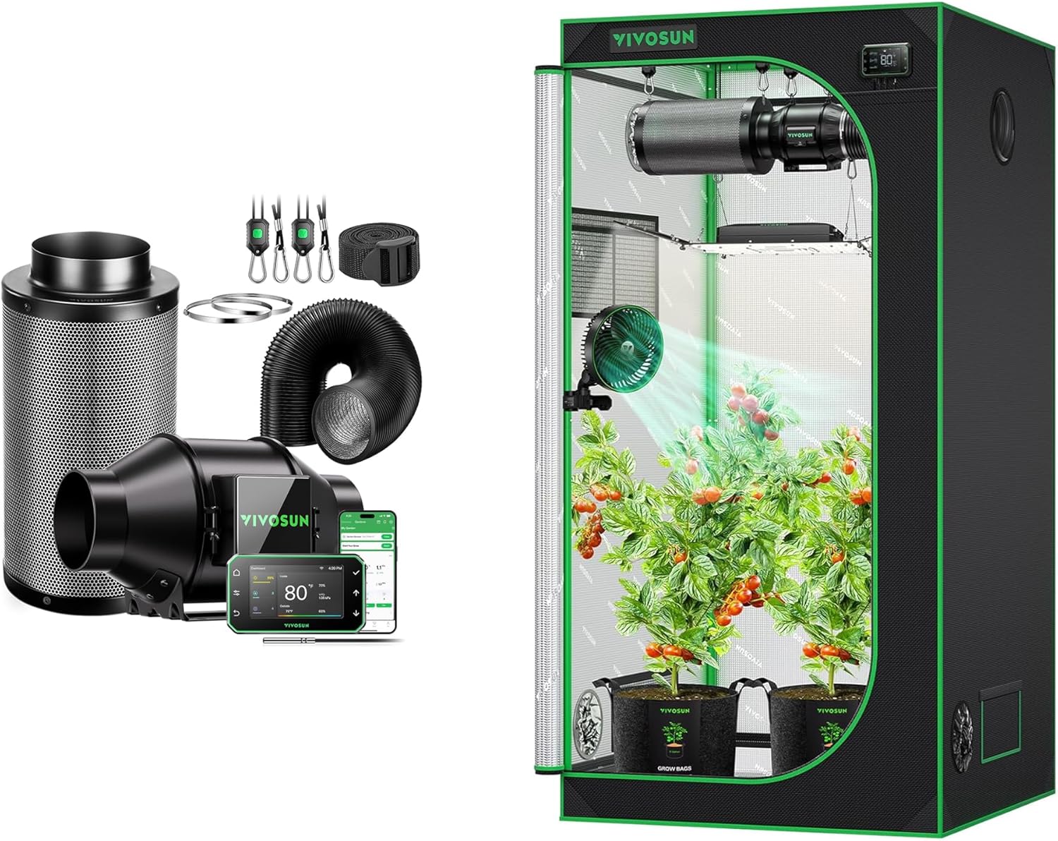 VIVOSUN Smart Air Filtration PRO G4 Kit 4" and S336 3x3 Grow Tent, 36"x36"x72" High Reflective Mylar with Observation Window and Floor Tray for Hydroponics Indoor Plant for VS2000/VS3000