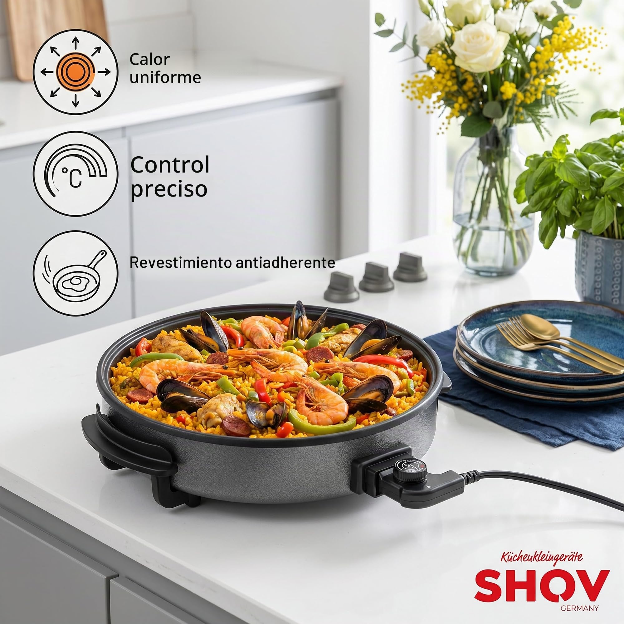 Shov Sartén eléctrica para pizza y multibräter XL – 48 cm de diámetro, 7 cm de profundidad | Sartén antiadherente y tapa de vidrio | 1500 W | Termostato ajustable para pizza, paella, giroscopios y