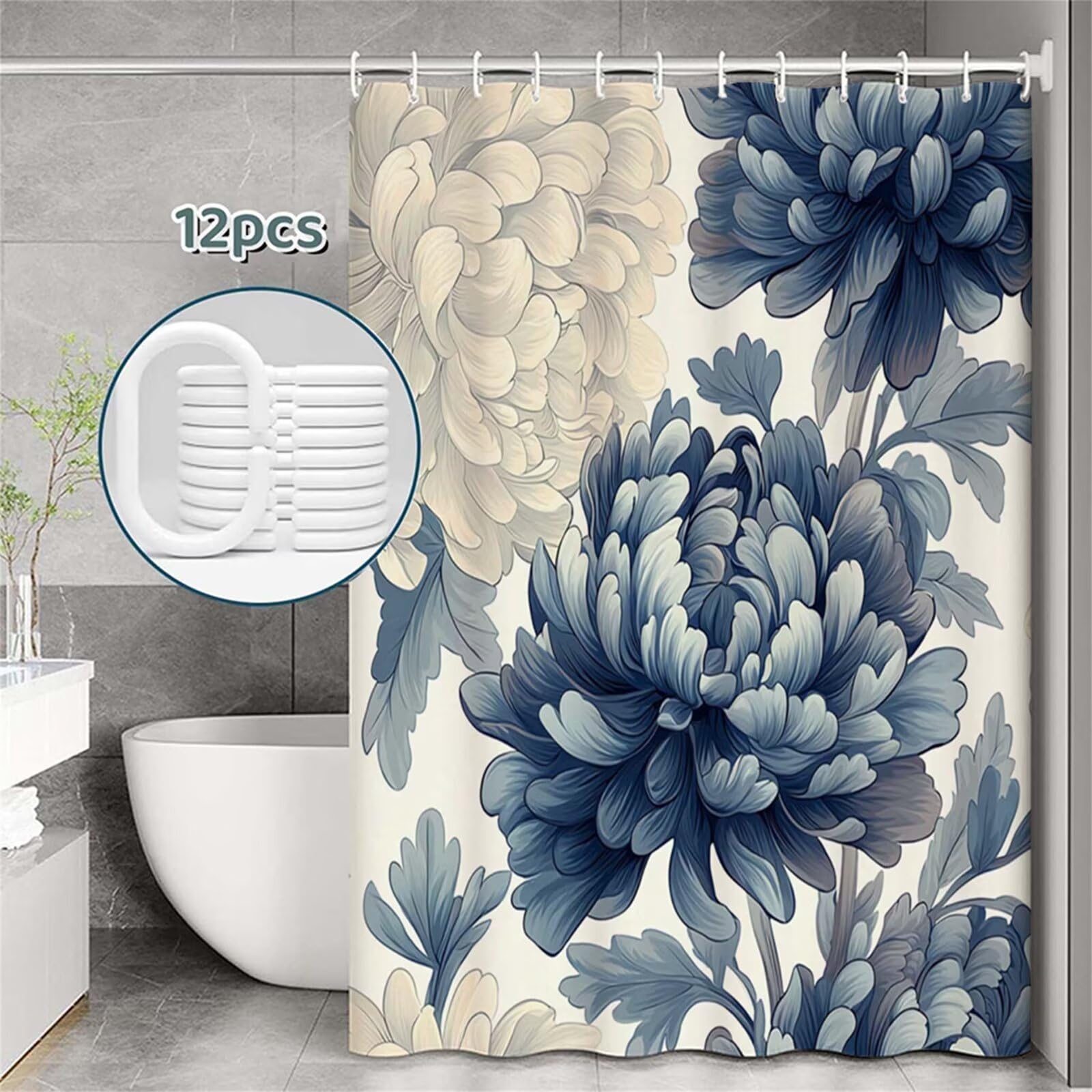 Tenda Doccia in Poliestere Beige,Tende per Doccia Extra Lunga 240x200cm,crisantemo Tenda Vasca da Bagno Tessuto Lavabile,Impermeabile e Facile da Pulire,con 12 Ganci,Decorazione per Bagno,Hotel Z-534