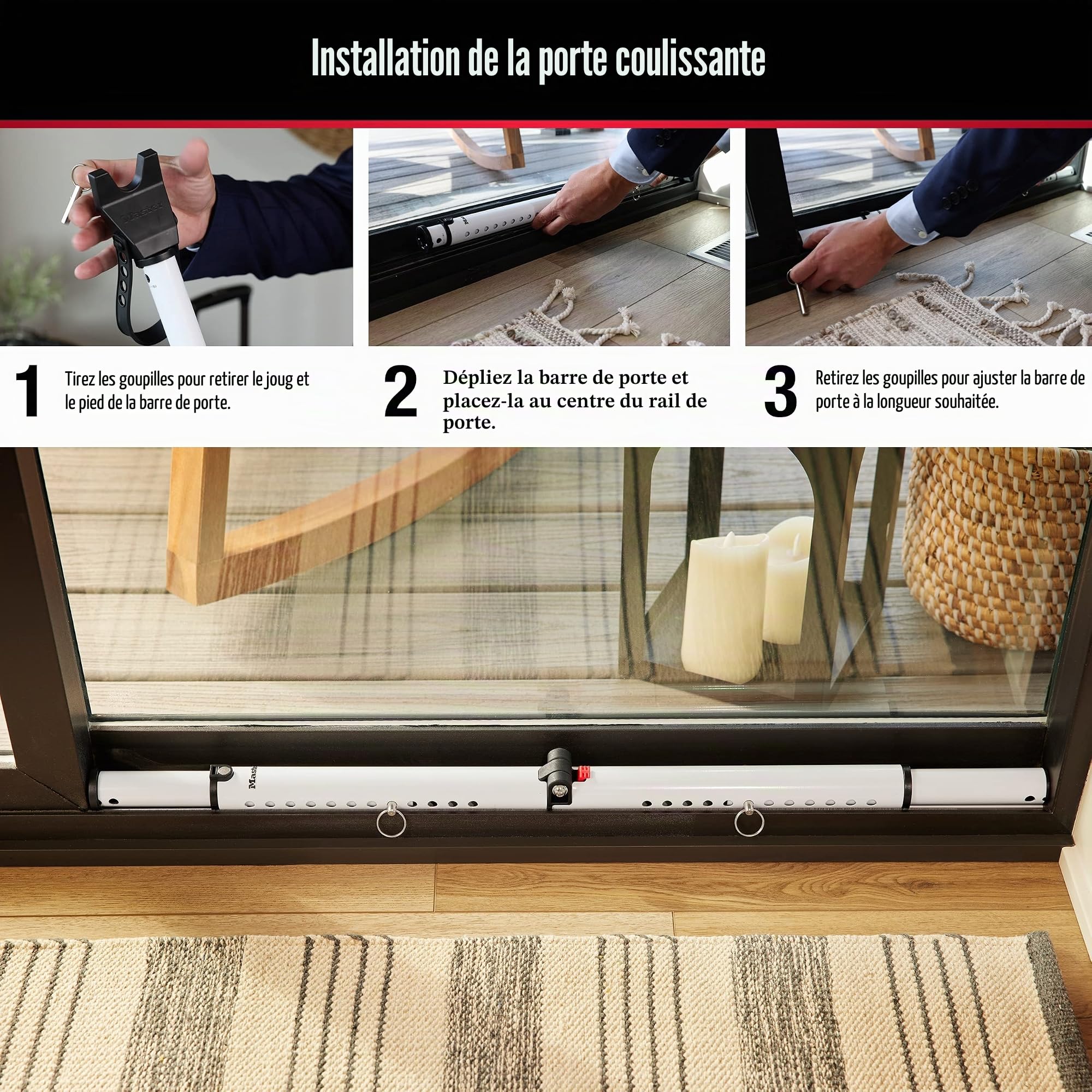 Master Lock Butée de porte compacte avec barre de sécurité pliable, réglable pour portes battantes et coulissantes, blanc