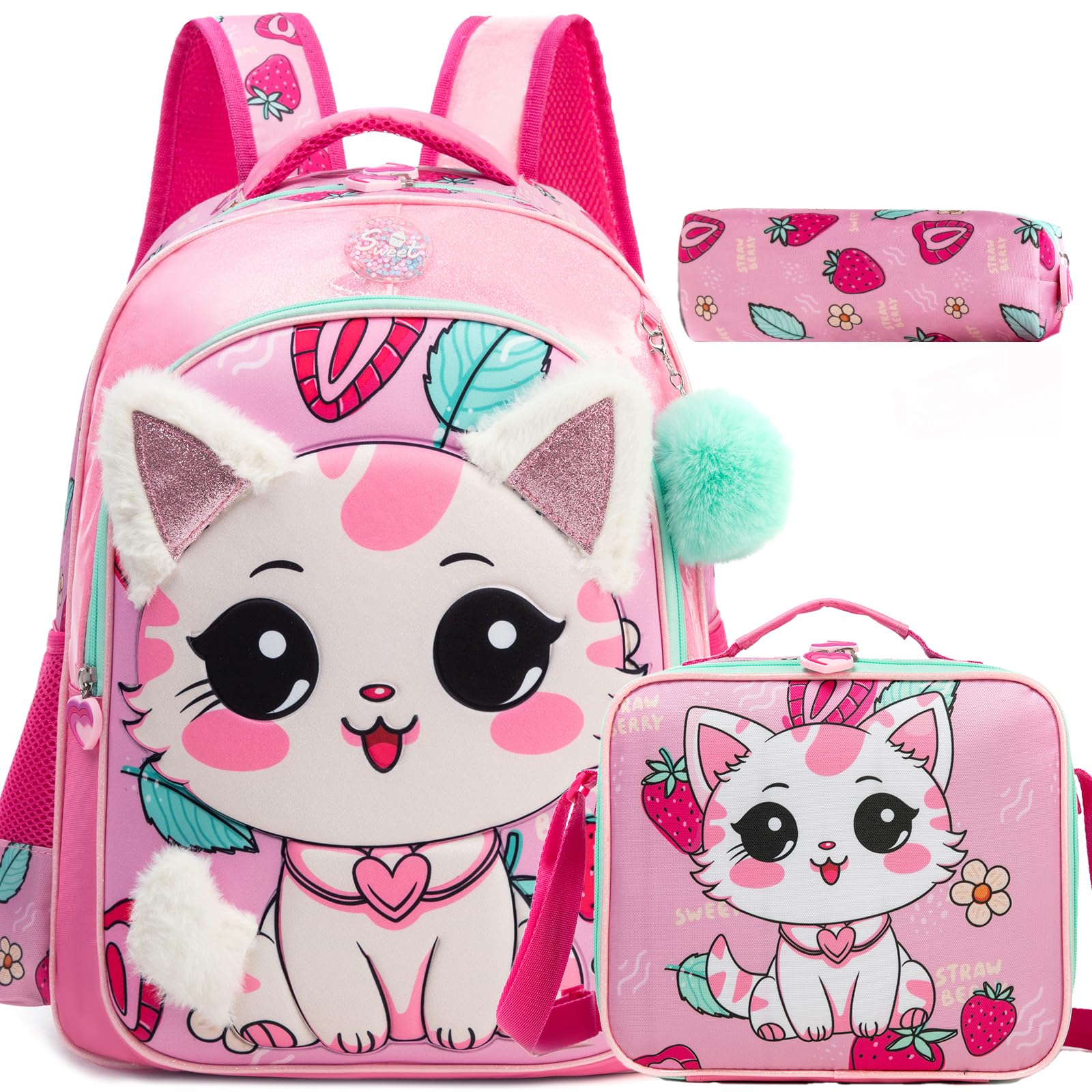 ZBAOGTW Kids Backpacks for Girls Backpack for School Cute Cat Travel Backpack for Kids with Lunch Box Kawaii Bookbag for Girls Back to School Supplies